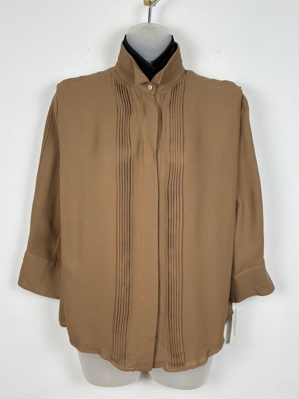 Versace Stand Collar Pleated Button Front 100% Silk Blouse Top Camel Tan 42 NWT